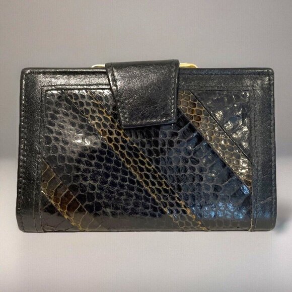 VTG 60s St Thomas Cowhide Leather Wallet Coin Purse Kiss Lock Black Reptile - Picture 1 of 9